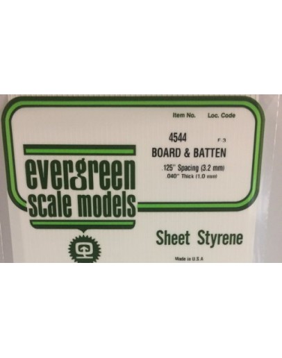 EVERGREEN PLASTIC MATERIALS - 4544 - OPAQUE WHITE POLYSTYRENE - BOARD & BATTEN - .125" SPACINGS - .040" THICK