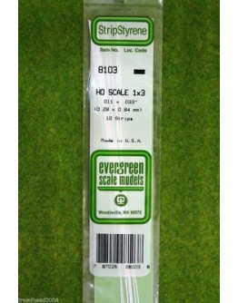 EVERGREEN PLASTIC MATERIALS - 8103 - OPAQUE WHITE POLYSTYRENE HO SCALE STRIP - 1 X 3 - .011" X .033" - 10 STRIPS