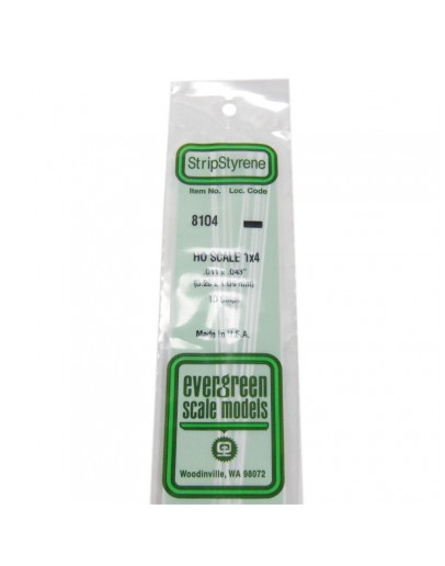 EVERGREEN PLASTIC MATERIALS - 8104 - OPAQUE WHITE POLYSTYRENE HO SCALE STRIP - 1 X 4 - .011" X .043" - 10 STRIPS