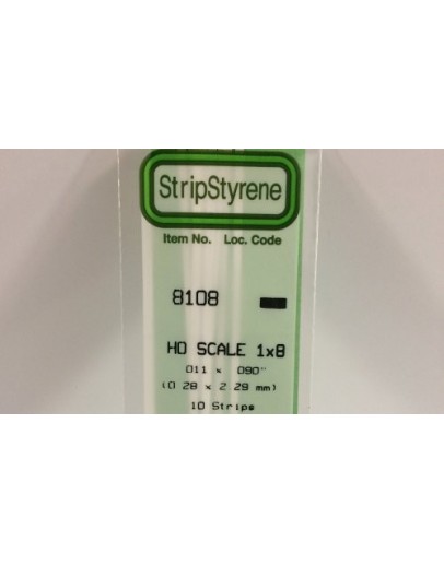 EVERGREEN PLASTIC MATERIALS - 8108 - OPAQUE WHITE POLYSTYRENE HO SCALE STRIP - 1 X 9 - .011" X .090" - 10 STRIPS