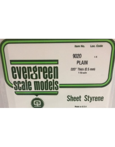 EVERGREEN PLASTIC MATERIALS - 9020 - PLAIN STYRENE - .020" THICK - 3 SHEETS