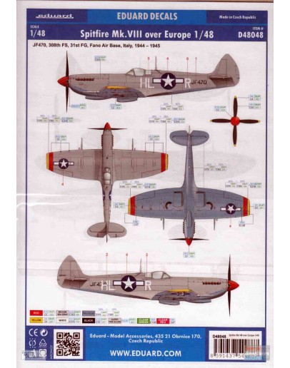 EDUARD 1/48 SCALE PLASTIC MODEL AIRCRAFT KIT DECALS - 48048 - SPITFIRE MK VIII OVER EUROPE