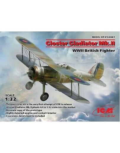 ICM 1/32 SCALE PLASTIC MODEL AIRCRAFT KIT - 32041 - WW II BRITISH FIGHTER - GLOSTER GLADIATOR MK 2 - ICM32041