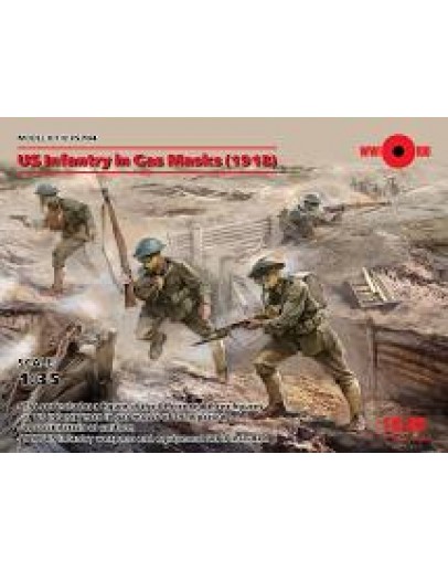 ICM 1/35 SCALE PLASTIC MILITARY FIGURES - 35704 - WW1 US INFANTRY IN GAS MASKS ICM35704