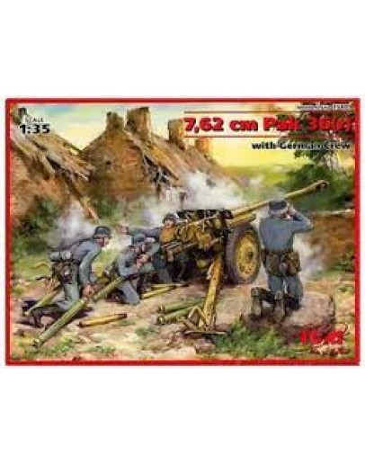 ICM 1/35 SCALE PLASTIC MILITARY MODEL KIT - 35801 - 7.62 CM PAK 36(R) WITH GERMAN CREW ICM35801