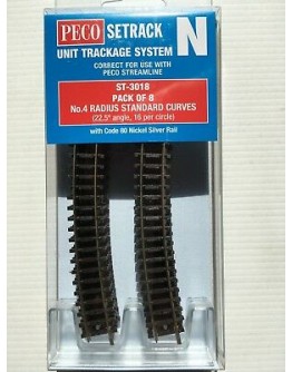 PECO N GAUGE CODE 80 SET TRACK - ST3018 - No 4 RADIUS STANDARD CURVE [PACK OF 8]