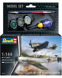 REVELL 1/144 SCALE PLASTIC MODEL AIRCRAFT STARTER KIT WITH PAINTS, BRUSH & GLUE - 03770 ME BF109E & JUNKERS JU87B- RE63770