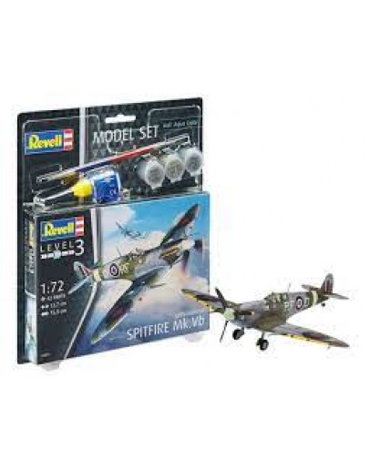 REVELL 1/72 SCALE PLASTIC MODEL AIRCRAFT STARTER KIT WITH PAINTS, BRUSH  & GLUE - 63897 - SPITFIRE MK VB RE63897