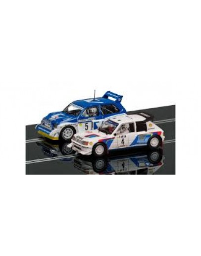 SCALEXTRIC 1/32 SLOT CAR SET - C3590A - 1986 RALLYE MONTE-CARLO - PEUGEOT 250 T16 E2 # 4 v MG METRO 6R4 GROUP B # 5