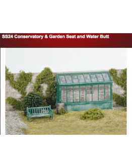 WILLS KITS PLASTIC MODELS - OO SCALE BUILDING KIT - SS24 Conservatory & Garden Seat & Water Butt