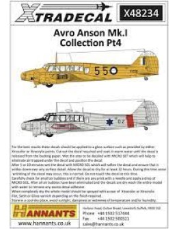 XTRADECAL 1/48 SCALE DECAL FOR PLASTIC MODEL KIT'S - 48234 - AVRO ANSON Mk1 COLLECTION Pt4 XD48234