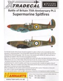 XTRADECAL 1/72 SCALE DECAL FOR PLASTIC MODEL KIT'S - 72221 - Battle of Britain 75th Anniversary Supermarine Spitfire Mk.1a - XD72221