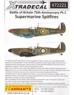 XTRADECAL 1/72 SCALE DECAL FOR PLASTIC MODEL KIT'S - 72221 - Battle of Britain 75th Anniversary Supermarine Spitfire Mk.1a - XD72221