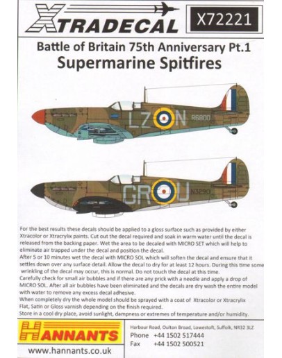 XTRADECAL 1/72 SCALE DECAL FOR PLASTIC MODEL KIT'S - 72221 - Battle of Britain 75th Anniversary Supermarine Spitfire Mk.1a - XD72221