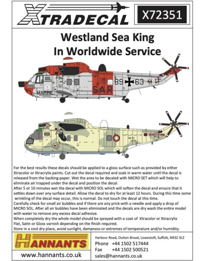 XTRADECAL 1/72 SCALE DECAL FOR PLASTIC MODEL KIT'S - 72351 - Westland Sea King in Worldwide Service