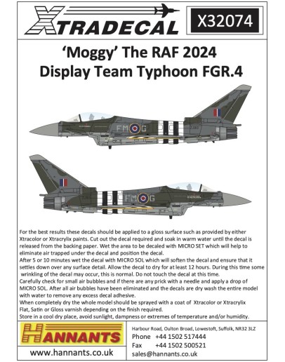 XTRADECAL 1/32 SCALE DECAL FOR PLASTIC MODEL KIT'S - 32074 'MOGGY' THE RAF 2024 DISPLAY TEAM TYPHOON FGR.4 - XD32074