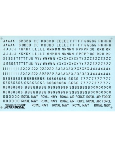 XTRADECAL 1/48 SCALE DECAL FOR PLASTIC MODEL KIT'S - 48044 - RAF 4" ,8" & 12" Black Letters Numbers and Command Titles (Double Sheet) XD48044