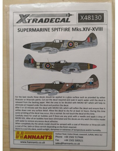 XTRADECAL 1/48 SCALE DECAL FOR PLASTIC MODEL KIT'S - 48130 - SUPERMARINE SPITFIRE MK XIV - XV111 XD48130