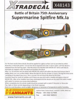 XTRADECAL 1/48 SCALE DECAL FOR PLASTIC MODEL KIT'S - 48143 - Battle of Britian 75th Anniversary Supermarine Spitfires MK 1a XD48143