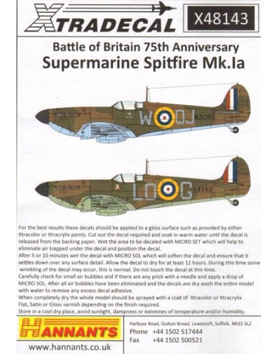 XTRADECAL 1/48 SCALE DECAL FOR PLASTIC MODEL KIT'S - 48143 - Battle of Britian 75th Anniversary Supermarine Spitfires MK 1a XD48143