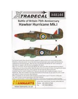 XTRADECAL 1/48 SCALE DECAL FOR PLASTIC MODEL KIT'S - 48144 - Battle of Britian 75th Anniversary Hawker Hurricane MK 1 XD48144
