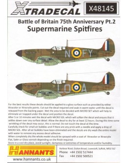 XTRADECAL 1/48 SCALE DECAL FOR PLASTIC MODEL KIT'S - 48145 - Battle of Britian 75th Anniversary Pt.2 Supermarine Spitfires XD48145