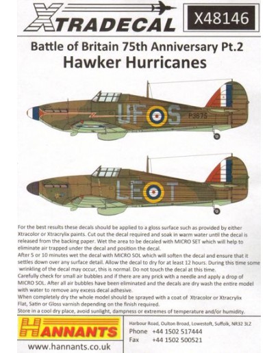 XTRADECAL 1/48 SCALE DECAL FOR PLASTIC MODEL KIT'S - 48146 - Battle of Britian 75th Anniversary Pt.2 Hawker Hurricanes XD48146