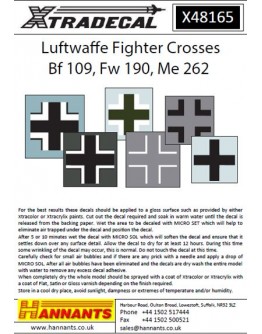 XTRADECAL 1/48 SCALE DECAL FOR PLASTIC MODEL KIT'S - 48165 - Luftwaffe Fighter Crosses Bf 109, Fw 190, Me 262 XD48165