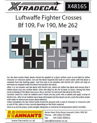 XTRADECAL 1/48 SCALE DECAL FOR PLASTIC MODEL KIT'S - 48165 - Luftwaffe Fighter Crosses Bf 109, Fw 190, Me 262 XD48165