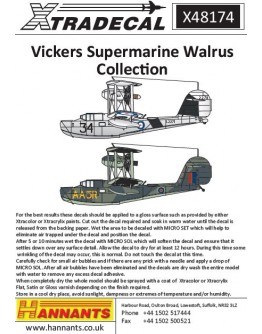 XTRADECAL 1/48 SCALE DECAL FOR PLASTIC MODEL KIT'S - 48174 - Vickers Supermarine Walrus Collection XD48174