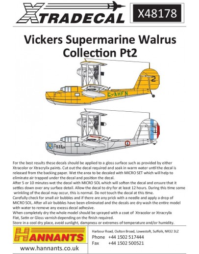 XTRADECAL 1/48 SCALE DECAL FOR PLASTIC MODEL KIT'S - 48178 - Vickers Supermarine Walrus Collection Pt2 XD48178