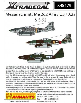 XTRADECAL 1/48 SCALE DECAL FOR PLASTIC MODEL KIT'S - 48179 - Messerschmitt Me 262 A1a / U3/ A2a & S-92 XD48179