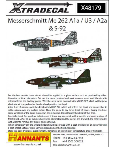XTRADECAL 1/48 SCALE DECAL FOR PLASTIC MODEL KIT'S - 48179 - Messerschmitt Me 262 A1a / U3/ A2a & S-92 XD48179