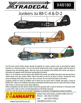 XTRADECAL 1/48 SCALE DECAL FOR PLASTIC MODEL KIT'S - 48180 - Junkers Ju 88 C-4 & D-5