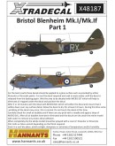 XTRADECAL 1/48 SCALE DECAL FOR PLASTIC MODEL KIT'S - 48187 - Bristol Blenheim Mk.I/Mk.If Part 1 XD48187