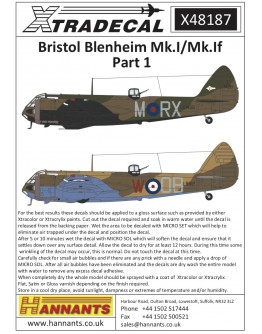 XTRADECAL 1/48 SCALE DECAL FOR PLASTIC MODEL KIT'S - 48187 - Bristol Blenheim Mk.I/Mk.If Part 1 XD48187