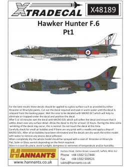 XTRADECAL 1/48 SCALE DECAL FOR PLASTIC MODEL KIT'S - 48189 - Hawker Hunter F.6 Pt1 XD48189