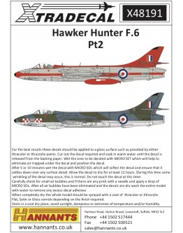 XTRADECAL 1/48 SCALE DECAL FOR PLASTIC MODEL KIT'S - 48191 - Hawker Hunter F.6 Pt2 XD48191