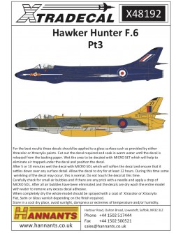 XTRADECAL 1/48 SCALE DECAL FOR PLASTIC MODEL KIT'S - 48192 - Hawker Hunter F.6 Pt3 XD48192