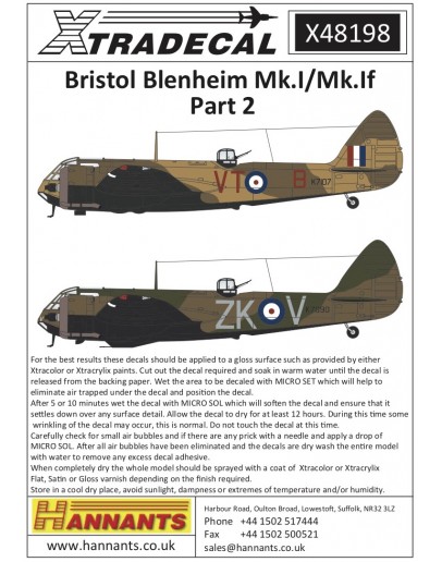 XTRADECAL 1/48 SCALE DECAL FOR PLASTIC MODEL KIT'S - 48198 - Bristol Blenheim Mk.I/Mk.If Part 2 XD48198