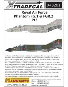 XTRADECAL 1/48 SCALE DECAL FOR PLASTIC MODEL KIT'S - 48201 - Royal Air Force Phantom FG.1 & FGR.2 Pt3 XD48201