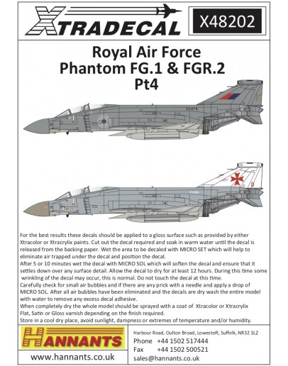 XTRADECAL 1/48 SCALE DECAL FOR PLASTIC MODEL KIT'S - 48202 - Royal Air Force Phantom FG.1 & FGR.2 Pt4 XD48202