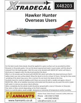 XTRADECAL 1/48 SCALE DECAL FOR PLASTIC MODEL KIT'S - 48203 - Hawker Hunter Overseas Users XD48203