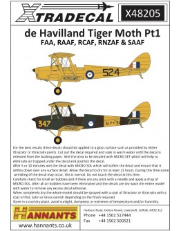 XTRADECAL 1/48 SCALE DECAL FOR PLASTIC MODEL KIT'S - 48205 - de Havilland Tiger Moth Pt1 (FAA, RAAF, RCAD, RNZAF & SAAF) XD48205