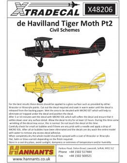 XTRADECAL 1/48 SCALE DECAL FOR PLASTIC MODEL KIT'S - 48206 - de Havilland Tiger Moth Pt2 Civil Schemes XD48206