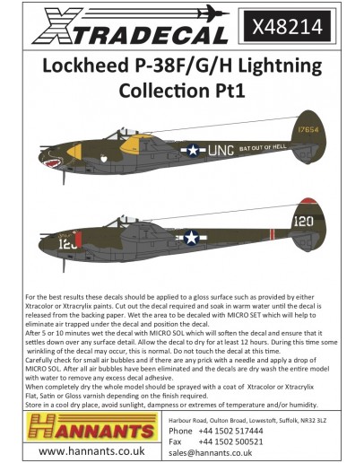 XTRADECAL 1/48 SCALE DECAL FOR PLASTIC MODEL KIT'S - 48214 - Lockheed P-38F/G/H Lightning Collection Pt1 XD48214