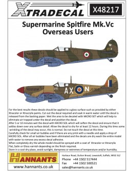 XTRADECAL 1/48 SCALE DECAL FOR PLASTIC MODEL KIT'S - 48217 - Supermarine Spitfire Mk.Vc Overseas Users XD48217
