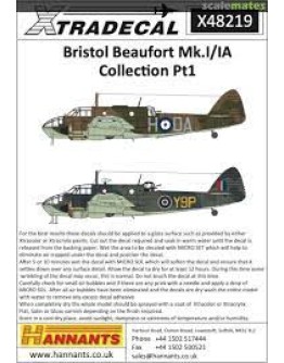 XTRADECAL 1/48 SCALE DECAL FOR PLASTIC MODEL KIT'S - 48219 BRISTOL BEAUFORT MK.1/1A COLLECTION  XD48219