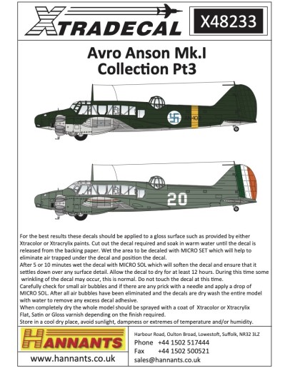 XTRADECAL 1/48 SCALE DECAL FOR PLASTIC MODEL KIT'S - 48233 - Avro Anson Mk.I Collection Pt3