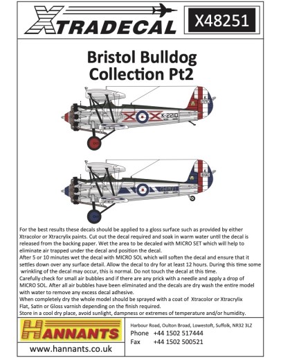 XTRADECAL 1/48 SCALE DECAL FOR PLASTIC MODEL KIT'S - 48251 - BRISTOL BULLDOG COLLECTION PT 2 - XD48251